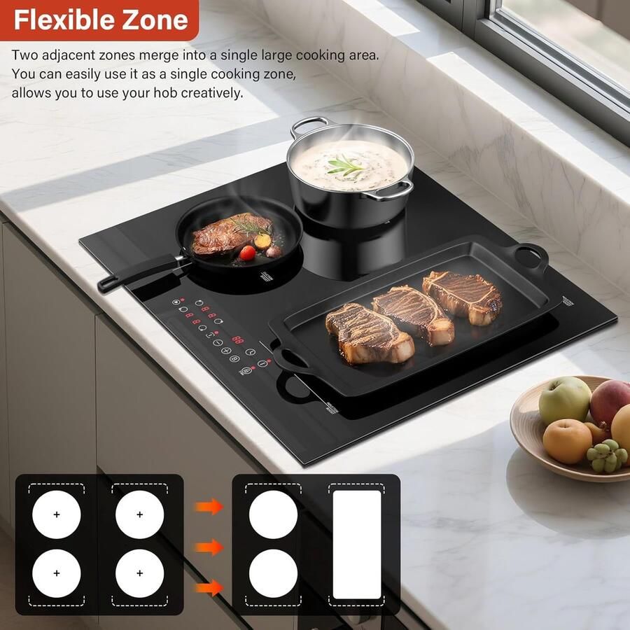 Induction hob 4 zones with 1 flexible zone built-in induction hob 60 cm with boost function touch control 6000 W 9 power settings timer 1-99 min child lock