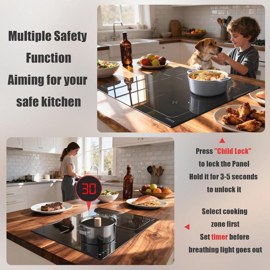 Inductiekookplaat 4 Zones met Flexzone en Touchscreen 60 cm Veiligheidsvergrendeling en Timer