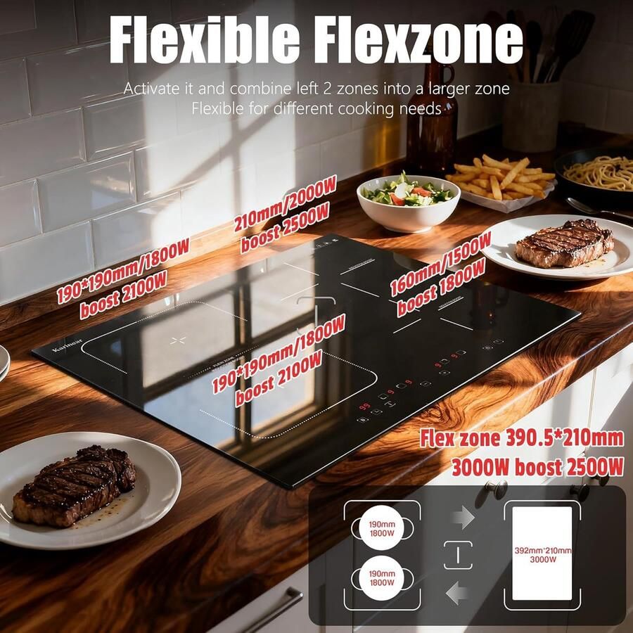 Inductiekookplaat 4 Zones met Flexzone en Touchscreen 60 cm Veiligheidsvergrendeling en Timer - Foto 3
