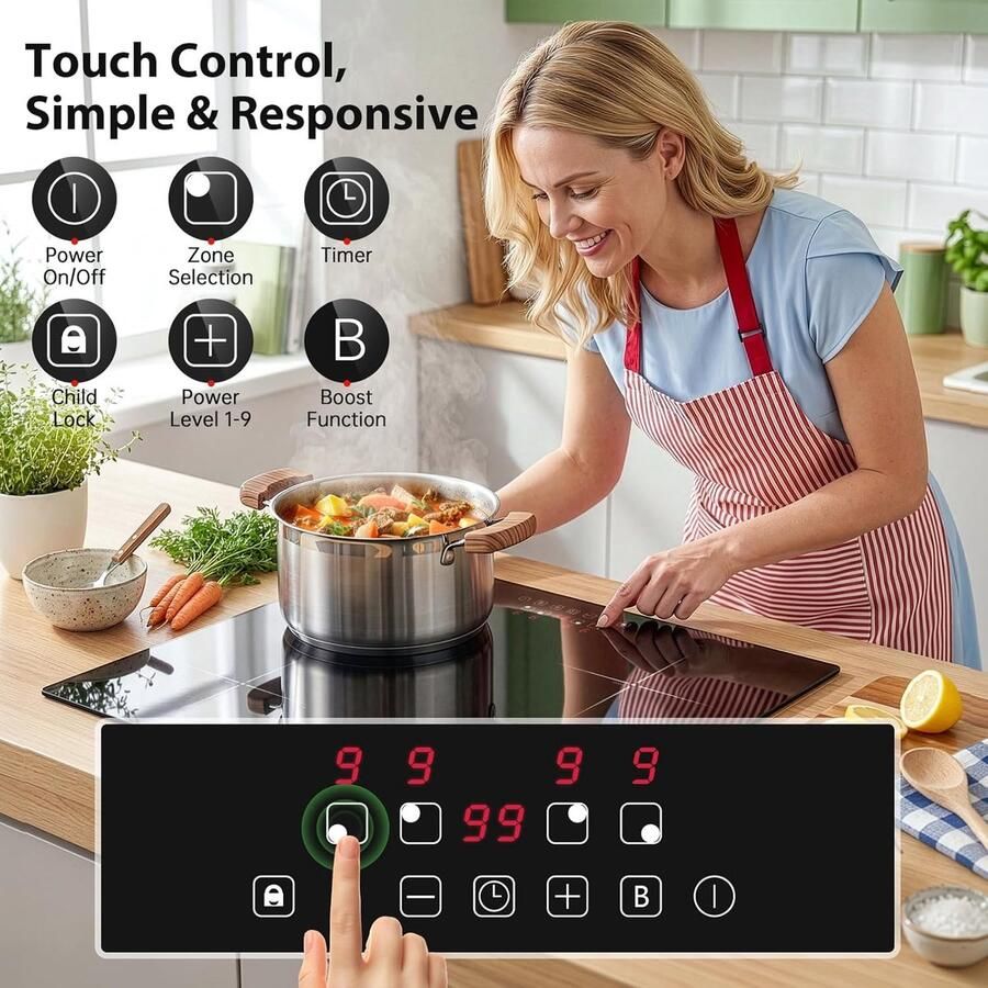 Inductiekookplaat 60 cm 4 zones kookplaat Snel Koken Boost functie 7000 Watt Zwart