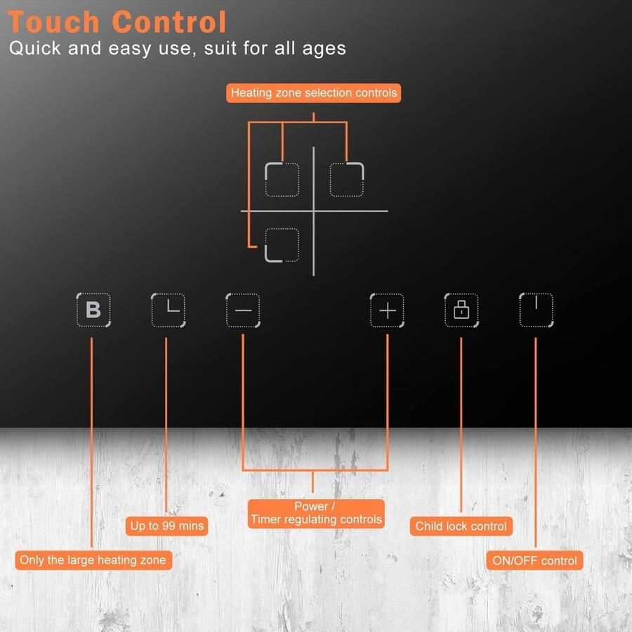 Inductiekookplaat 60 cm Inbouw kookplaat inductie Snel koken Touch-bediening met timer 3 platen Zwart
