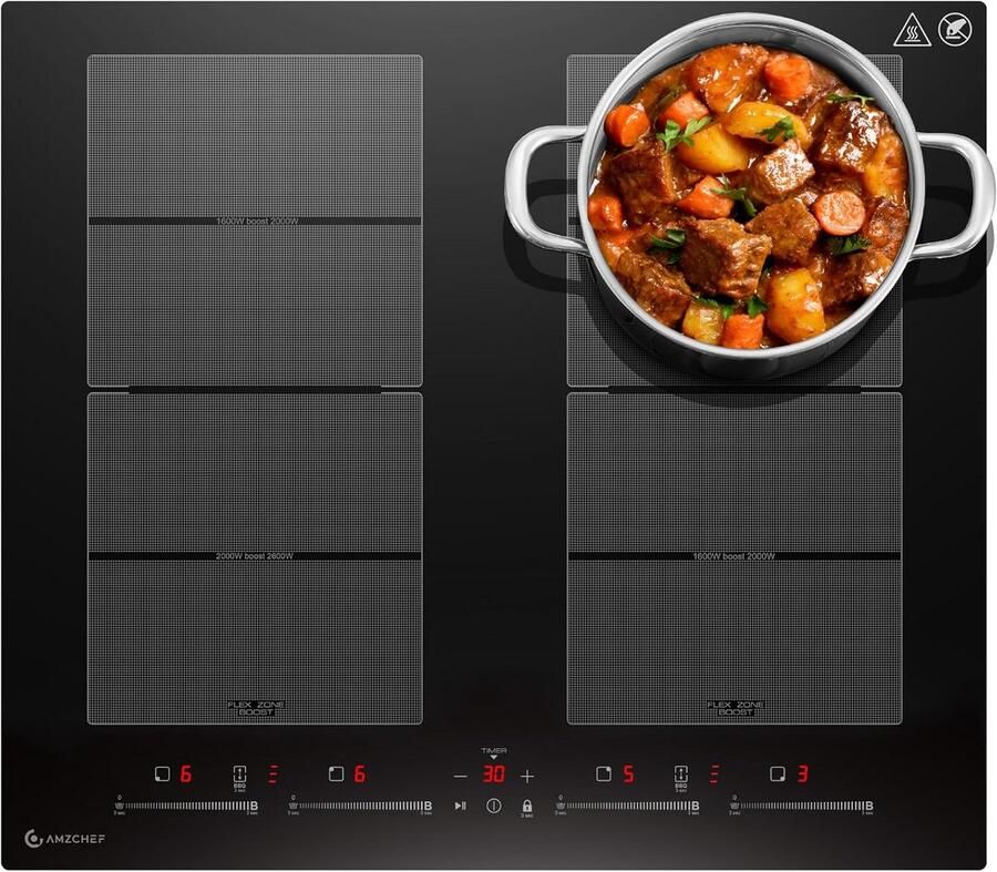 Inductiekookplaat 60 cm met flexzones en 4 kookzones 7200 W boost-functie timer en veiligheidsslot