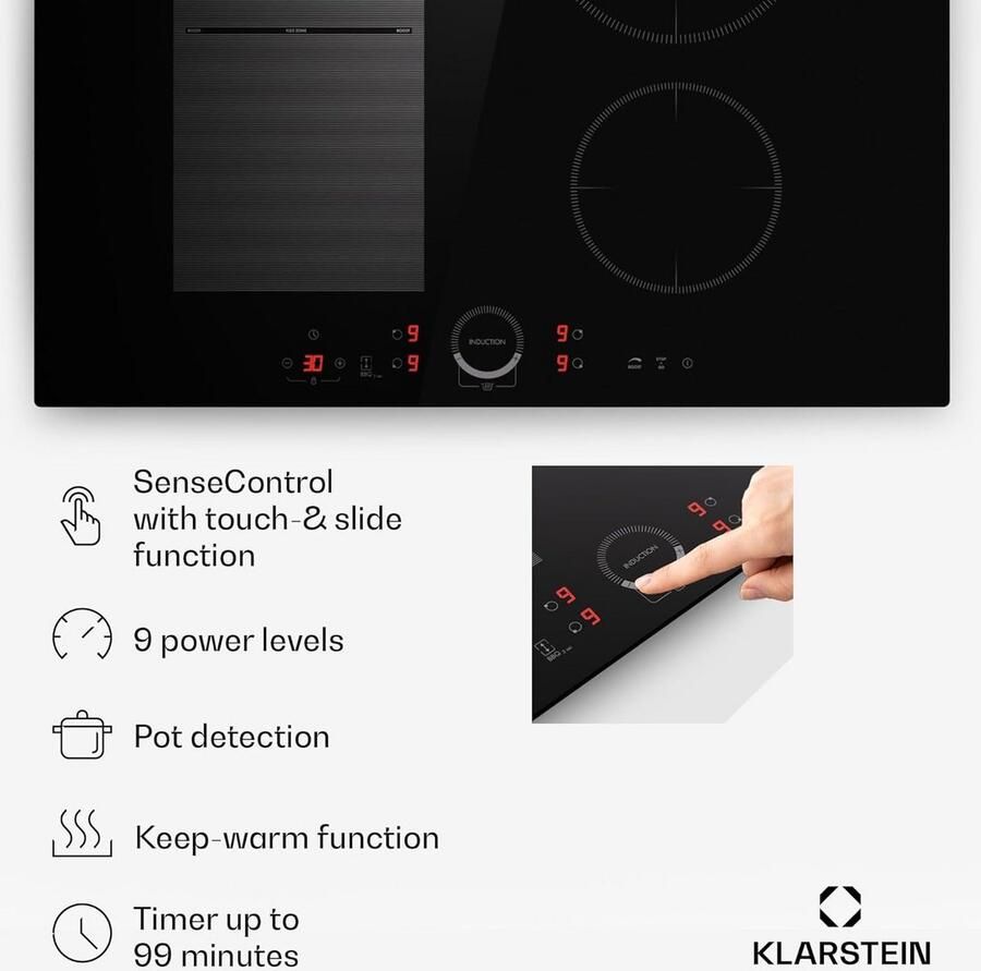 Inductie Kookplaat Elektrisch Fornuis Snel Koken ThermoBoost Functie 70cm Zwart