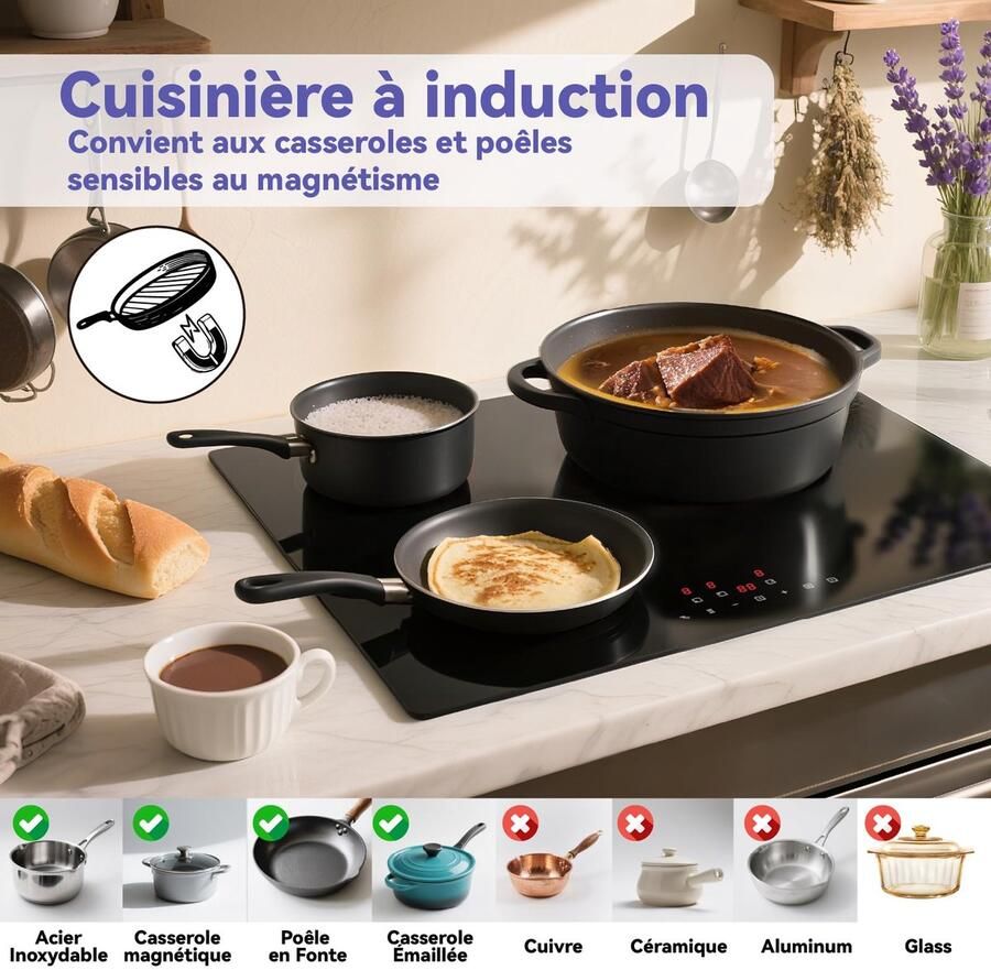 Inductiekookplaat Aanraakbediening Koken aan huis Drie kookzones 59 cm breed Zwart - Foto 3
