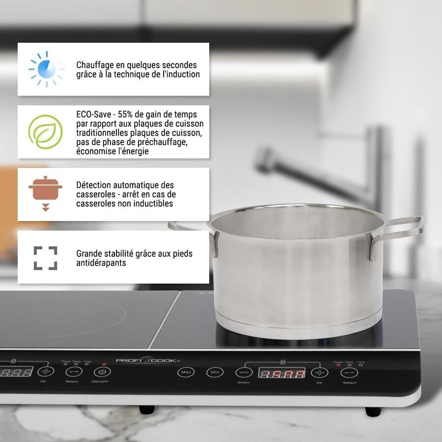 Inductiekookplaat Dubbel Kookplaat Keramisch Snel Koken Automatische Panherkenning 365 x 605 cm Zwart