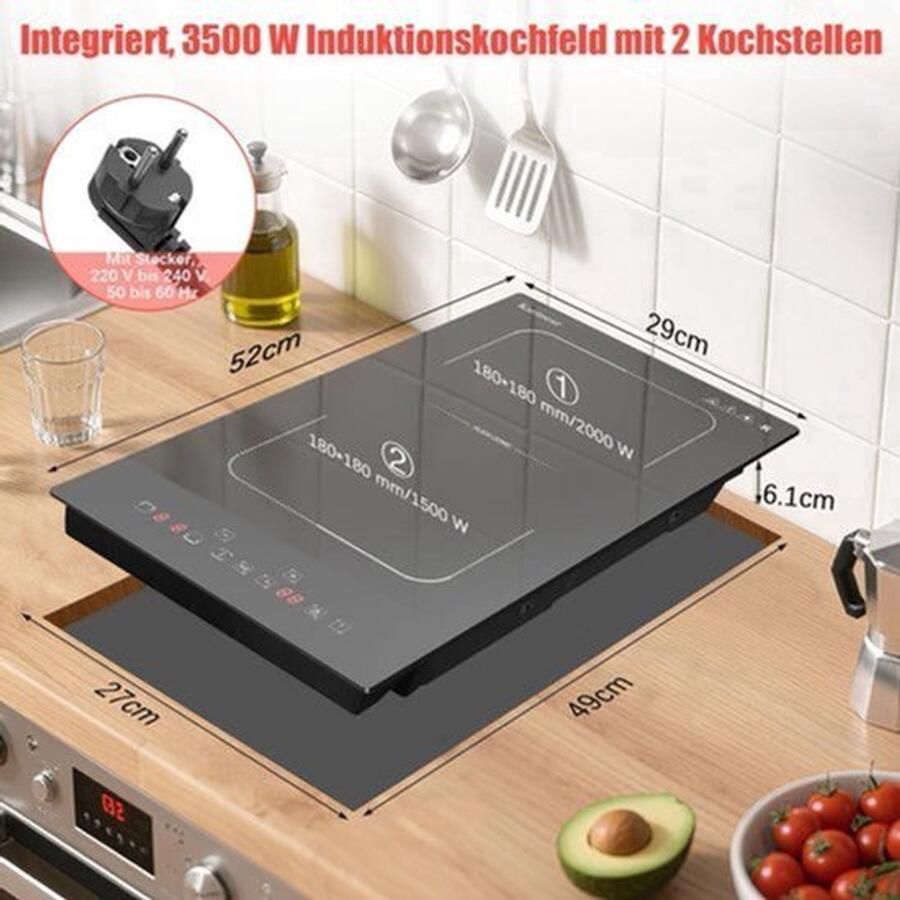 Inductiekookplaat Dubbele Kookzone 3500 W Inbouw Glas Keramiek Touch Control 29x52 cm