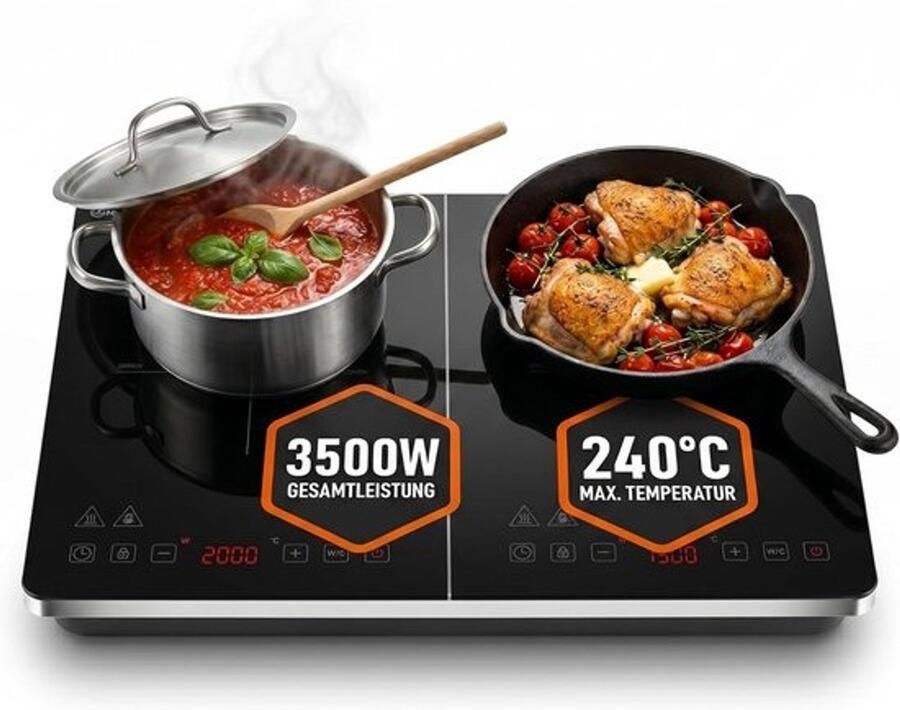 Inductiekookplaat 2-pits Draagbare kookplaat Snel koken Slank ontwerp 3500 Watt Zwart