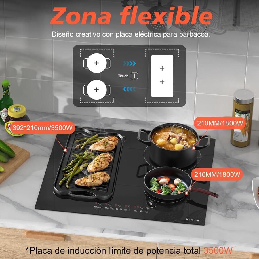 Inductiekookplaat Flexzone 4 Platen Kookplaat Snel Koken Met Stekker 59 cm Breed Zwart