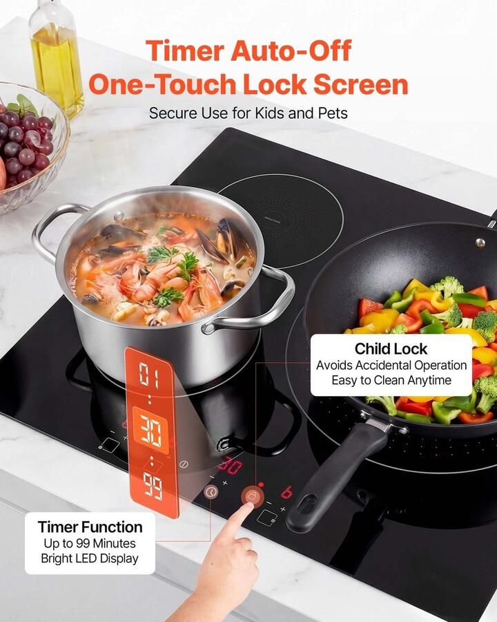 Inductiekookplaat Inbouw 3-zone Kookplaat Vermogen 6200 W 9 Vermogensniveaus LED Touchbediening Glaskeramisch Oppervlak Kinderbeveiliging Geschikt Voor Camper En Keuken