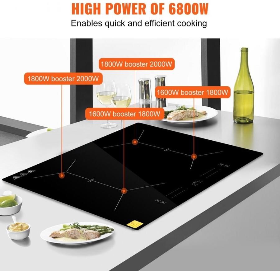 Inductiekookplaat Inbouw 4-Pits 4 Zones 6800 W 9 Kookstanden Touchscreen Bediening Automatische Uitschakeling Kinderbeveiliging