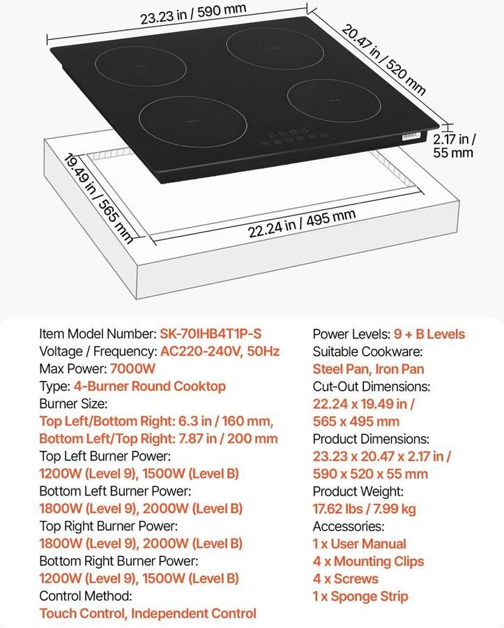 Inductiekookplaat Inbouw 4-zone kookplaat rond 7200 W Vermogen 9 Vermogensniveaus LED Touchbediening Glaskeramisch Oppervlak Kinderbeveiliging Voor Keuken En Camper