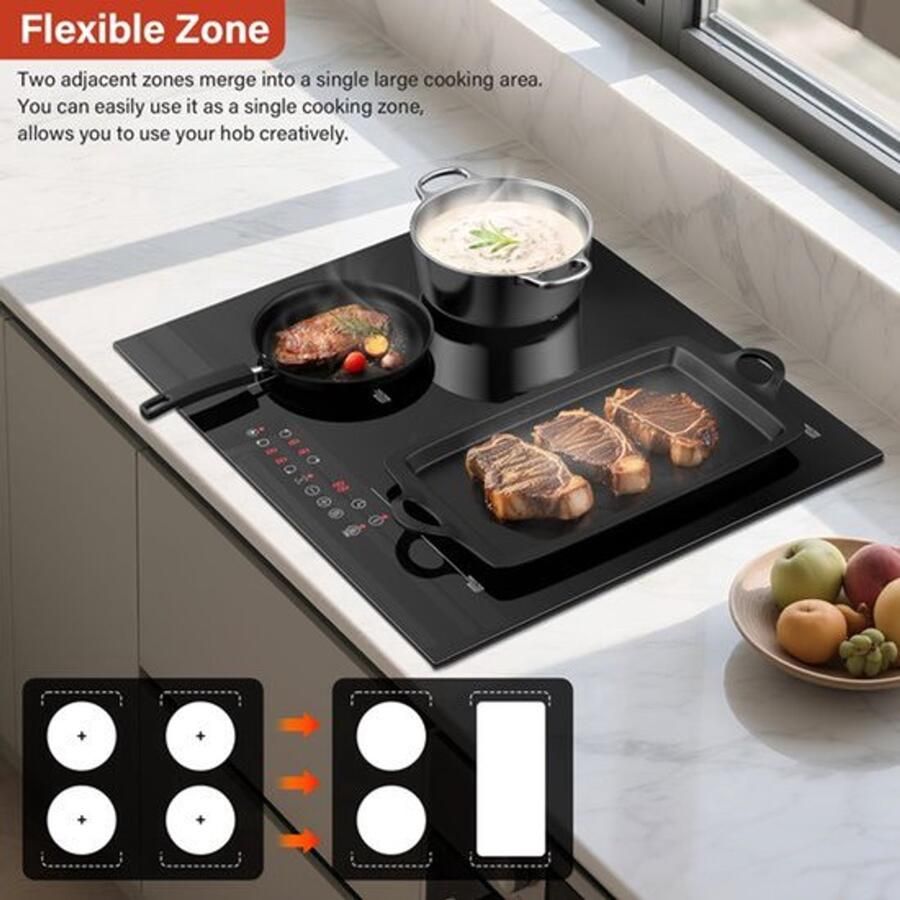 Inductiekookplaat Inbouw 60 Cm 6000 W 4 Zones Met Flexzone Microkristallijn Glas Zwart Elektrisch Koken