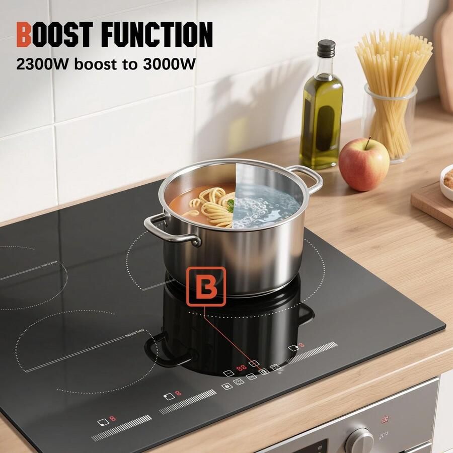 Inductiekookplaat Inbouw fornuis Snel koken 3 zones met boost 60 cm Zwart - Foto 2