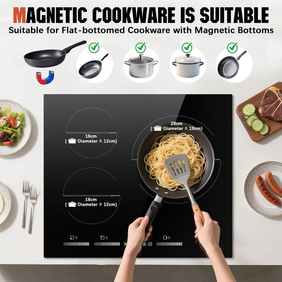 Inductiekookplaat Inbouw fornuis Snel koken 3 zones met boost 60 cm Zwart