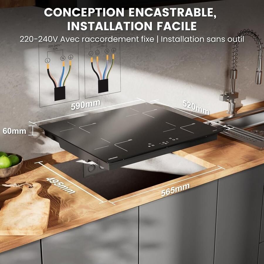 Inductiekookplaat Inbouw kookplaat Snel koken 4 zones met booster 60 cm Zwart - Foto 2