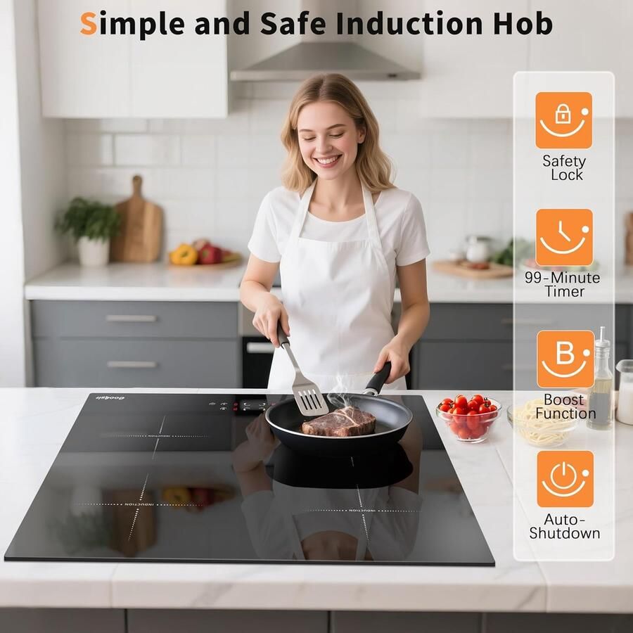 Inbouw Inductiekookplaat 4 Zones 60 cm Breed 7200W met Timer en Boost Functie