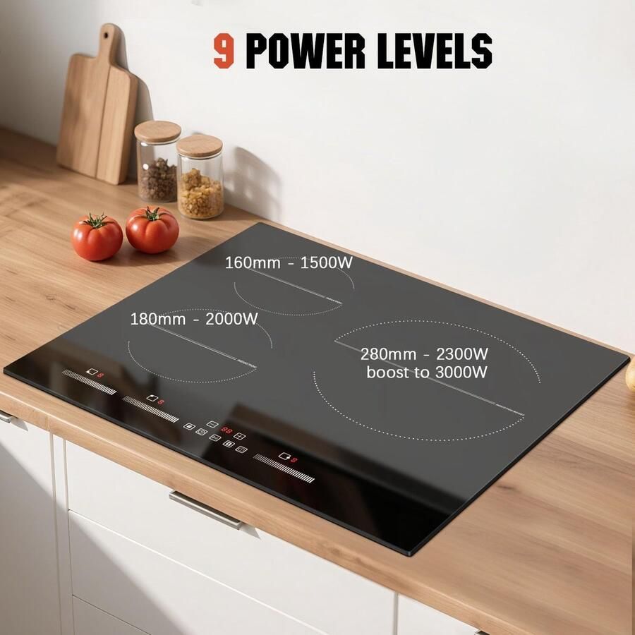 Inductiekookplaat Inbouw kookveld Snel koken Grote zone 60 cm Zwart