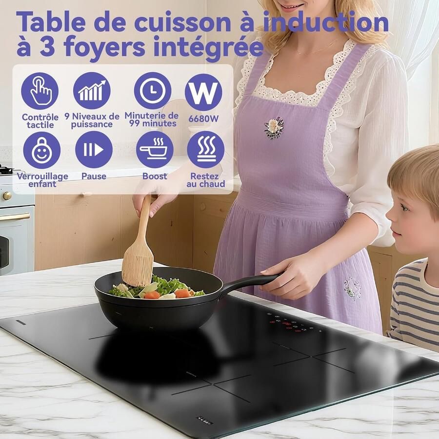 Inductiekookplaat Keramisch koken Snel koken Drie kookzones 59 cm breed Zwart