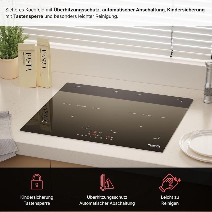Inductiekookplaat Kookplaat 4 zones Snel Koken Flexzone functionaliteit 60 cm Zwart