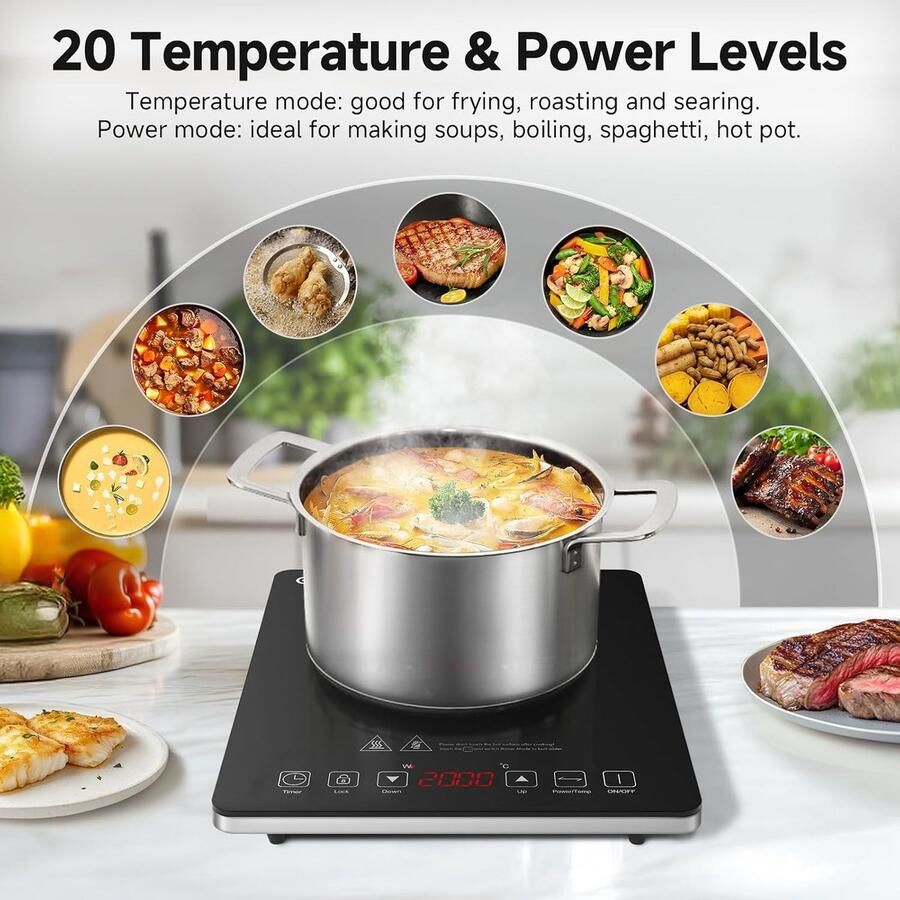 Inductiekookplaat Kookplaat Snel Koken 20 Temperatuurstanden 2000W Zwart