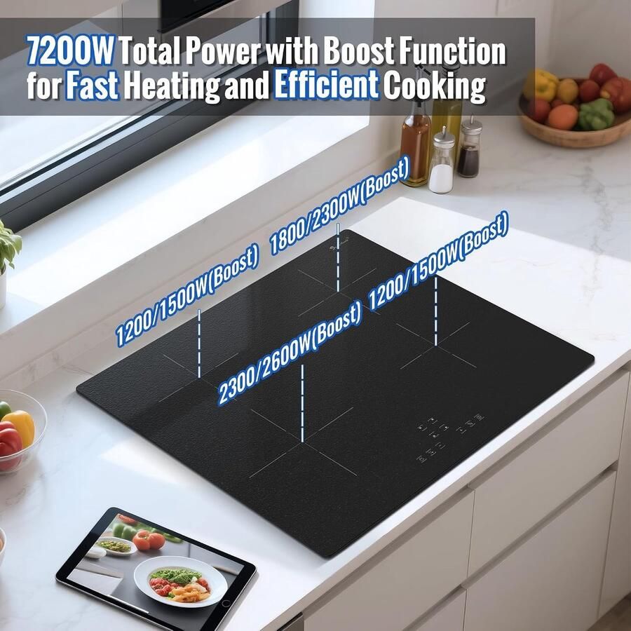 Inductiekookplaat Mat Glas 60 cm Inbouw met Boost-functie en Timer Voor Professionele Koks