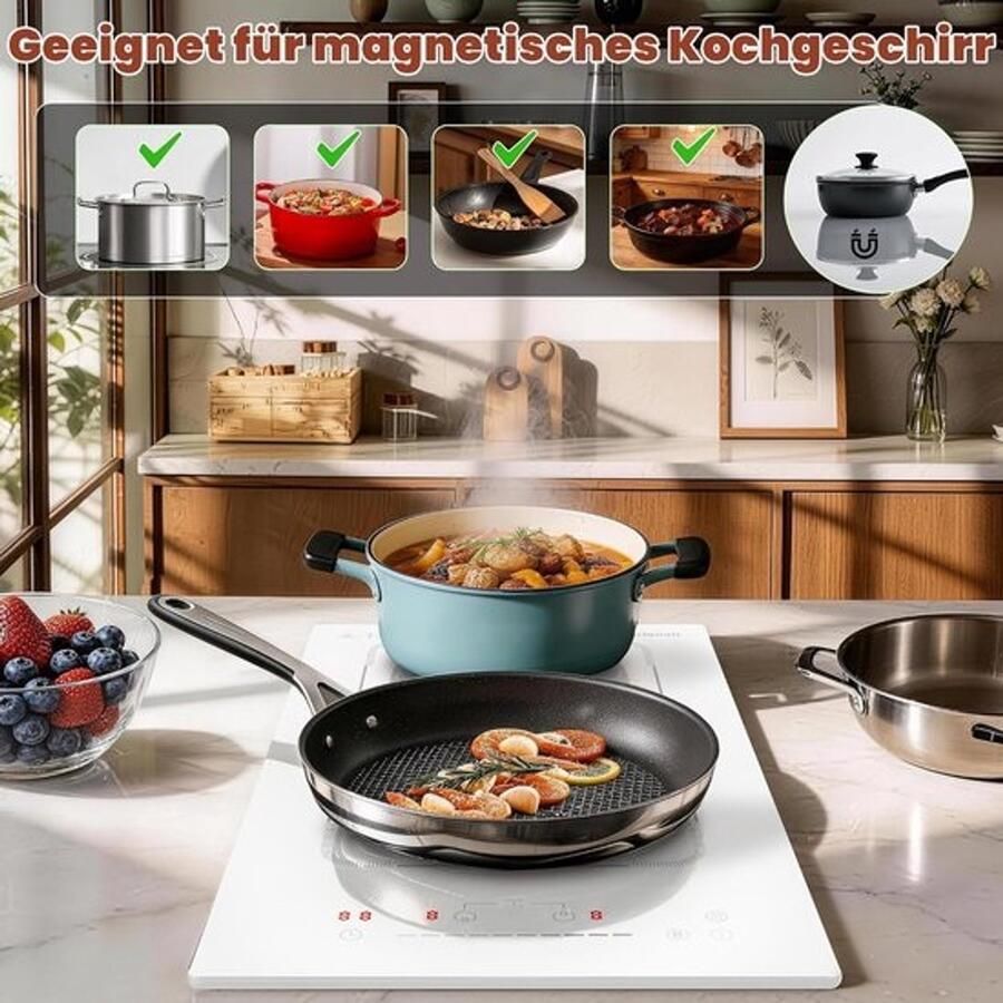 Inductiekookplaat met 2 platen Keramisch Fornuis Snel Koken Flexzone 30 cm breed Wit