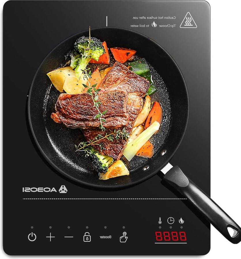 Inductiekookplaat met boosterfunctie 1 plaatinductiekookplaat 20 standen en temperatuurniveaus compact formaat 2000 W draagbare inductiekookplaat 10H-timer zwart