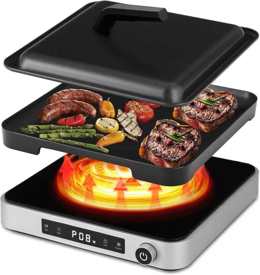 Inductiekookplaat met grillplaat en afdekhoes 2000 W enkele plaat inductiekookplaat + elektrische grill 10 + 5 standen touch-bediening en draaiknop voor camping keuken outdoor