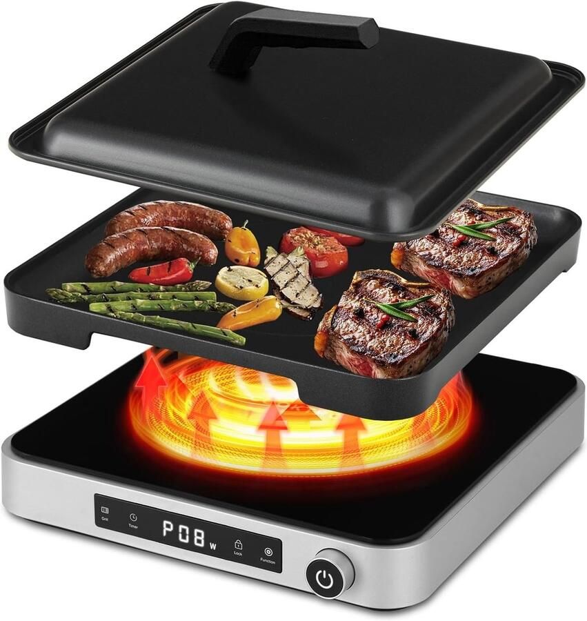 Inductiekookplaat met Grillplaat Zwart 2000W Met Antiaanbaklaag Voor Thuis en Kamperen