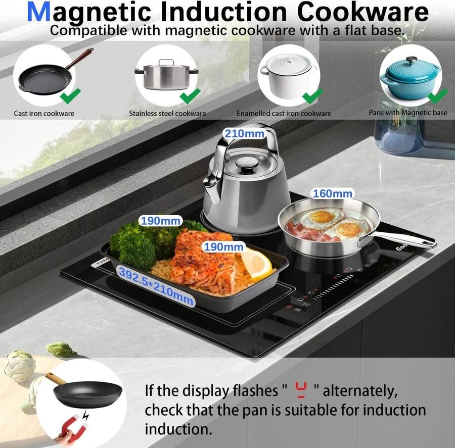 Inductiekookplaat Zwart 60 cm 4 Vlammen met Flex Zone en Schuifregeling Voor Inbouw Gebruik