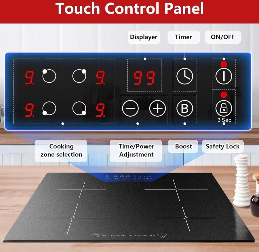 Inductiekookplaat Zwart 60 cm Inbouw met 4 Kookzones en Touchbediening Voor Gezinnen