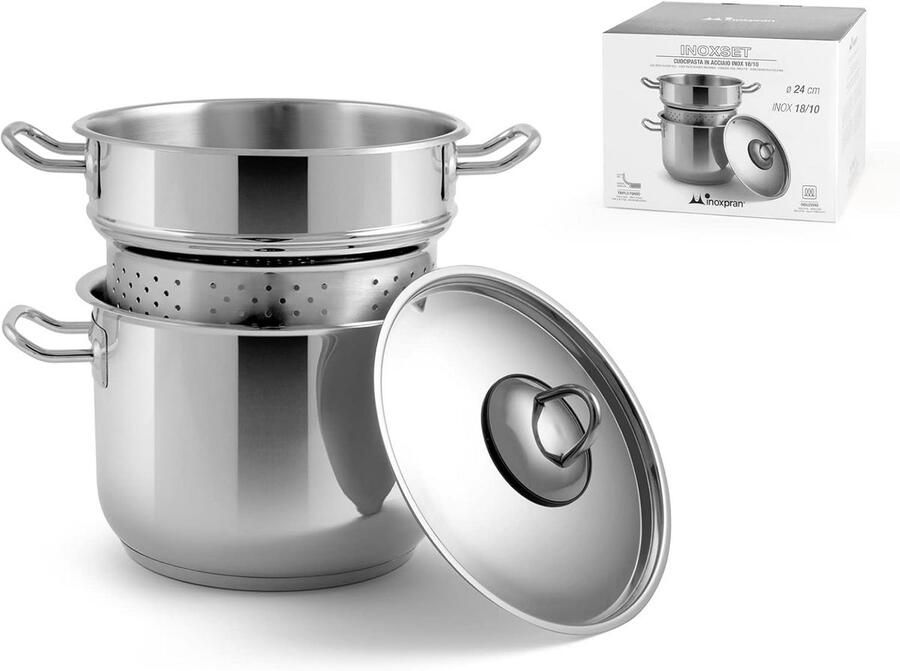 Pastakoker Roestvrij Staal Pastapan Deksel Grote Hoeveelheden Koken Inductiebodem Snel Diameter 24 cm Zilverkleurig