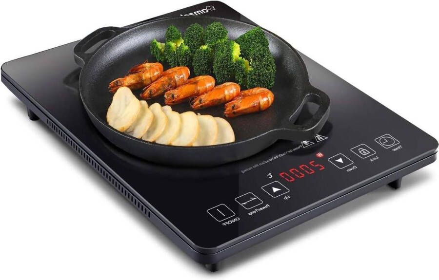 Inductieplaat 1 pits 2000 W inductiekookplaat 28 cm brede spoel compact design 10 vermogens- temperatuurniveaus timer aanraakbediening veiligheidsvergrendeling zwart