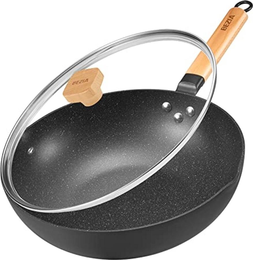 Inductieve Wokpan met Deksel 30cm Non-Stick Roerbakpan met Houten Handvat Ovenbestendig en Geschikt voor Alle Kookplaten