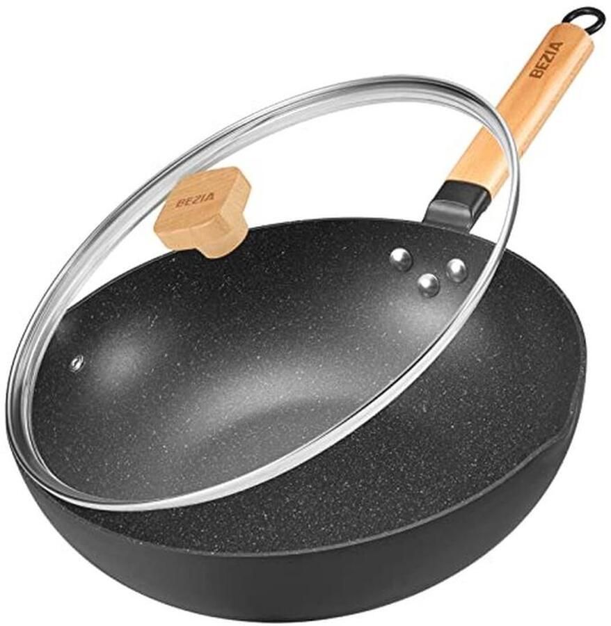 Inductieve Wokpan met Deksel 30cm Non-Stick Roerbakpan met Houten Handvat Ovenbestendig en Geschikt voor Alle Kookplaten