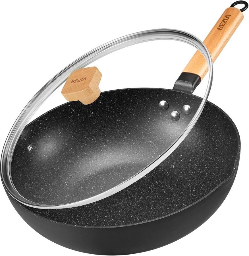 Inductieve Wokpan met Deksel 30cm Non-Stick Roerbakpan met Houten Handvat Ovenbestendig en Geschikt voor Alle Kookplaten