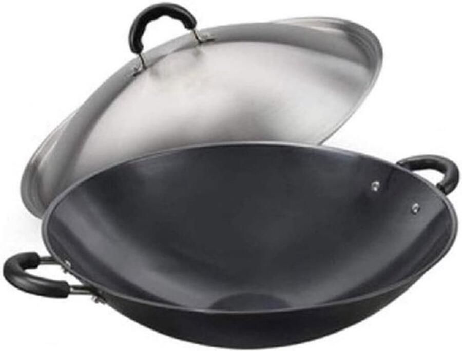Inductiewok Braadpan met deksel Geschikt voor koken op inductie Verdikt smeedijzer Diameter 40 cm Zwart