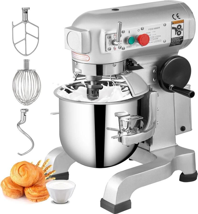 Industriële Keukenmixer Commerciële Standmixer 15 Qt Roestvrijstalen Mengkom 600W Krachtige Motor 3 Instelbare Snelheden Spiraaldeeghaak Platte Klopper Draadzweep Veiligheidsschild Bakkerij Horeca