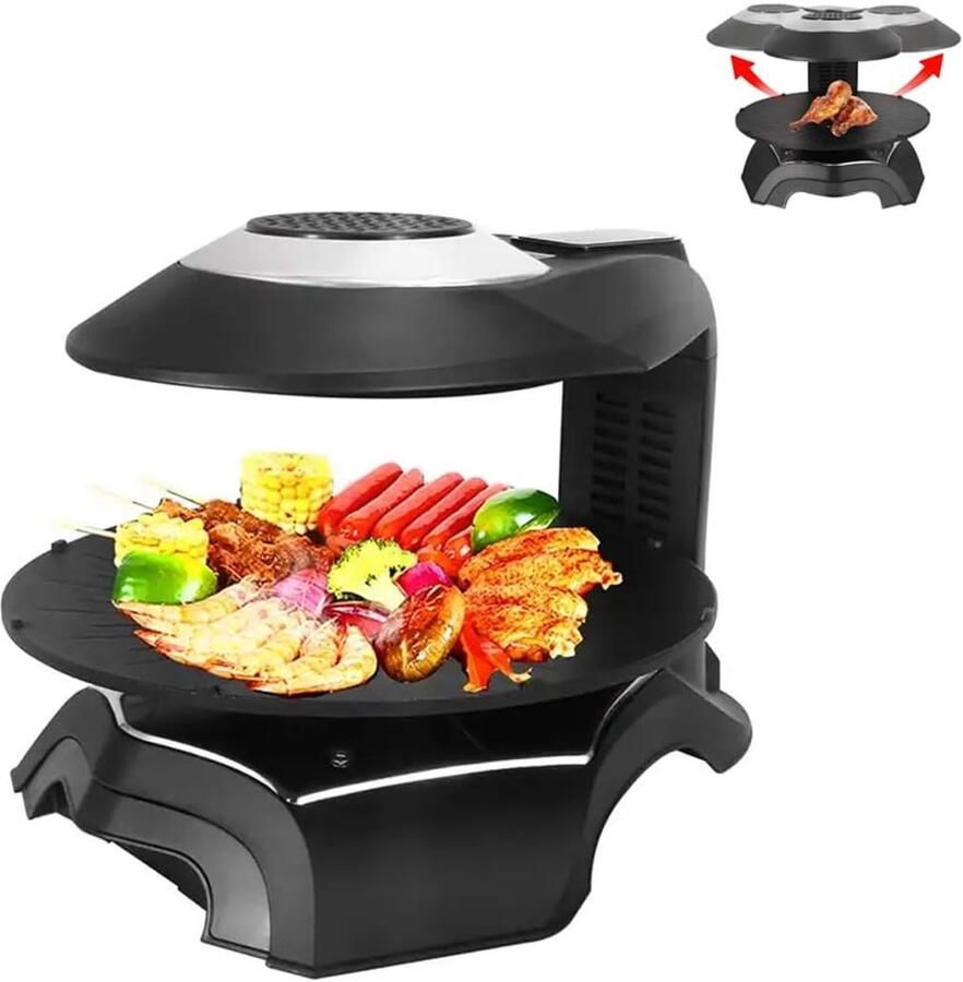 Infrarood elektrische bakplaat Rookloze binnenoven 360° automatisch roterend verwarmingsontwerp 1390W vermogen Intelligente aanraakbediening voor nauwkeurige temperatuurregeling Oliegeleidend ontwerp voor eenvoudige reiniging