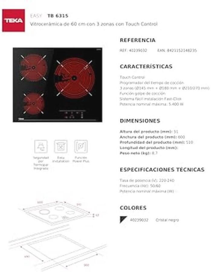 Ingebouwde keramische kookplaat 60 cm zwart met 3 zones