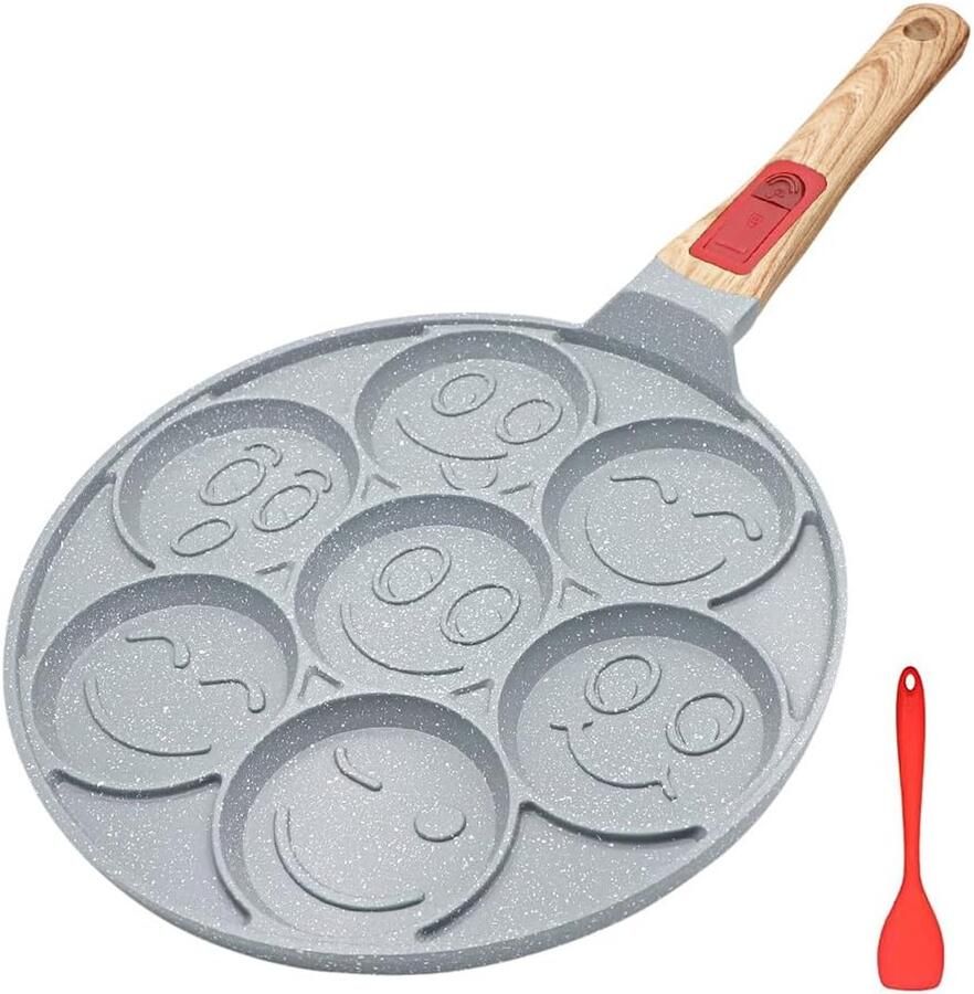 INGST Keramische Pannenkoek Pan Inductie Anti-aanbak Pannenkoek Bakplaat met Afneembare Handvat 7 Hole Smiley Gezicht Pannenkoek Maker
