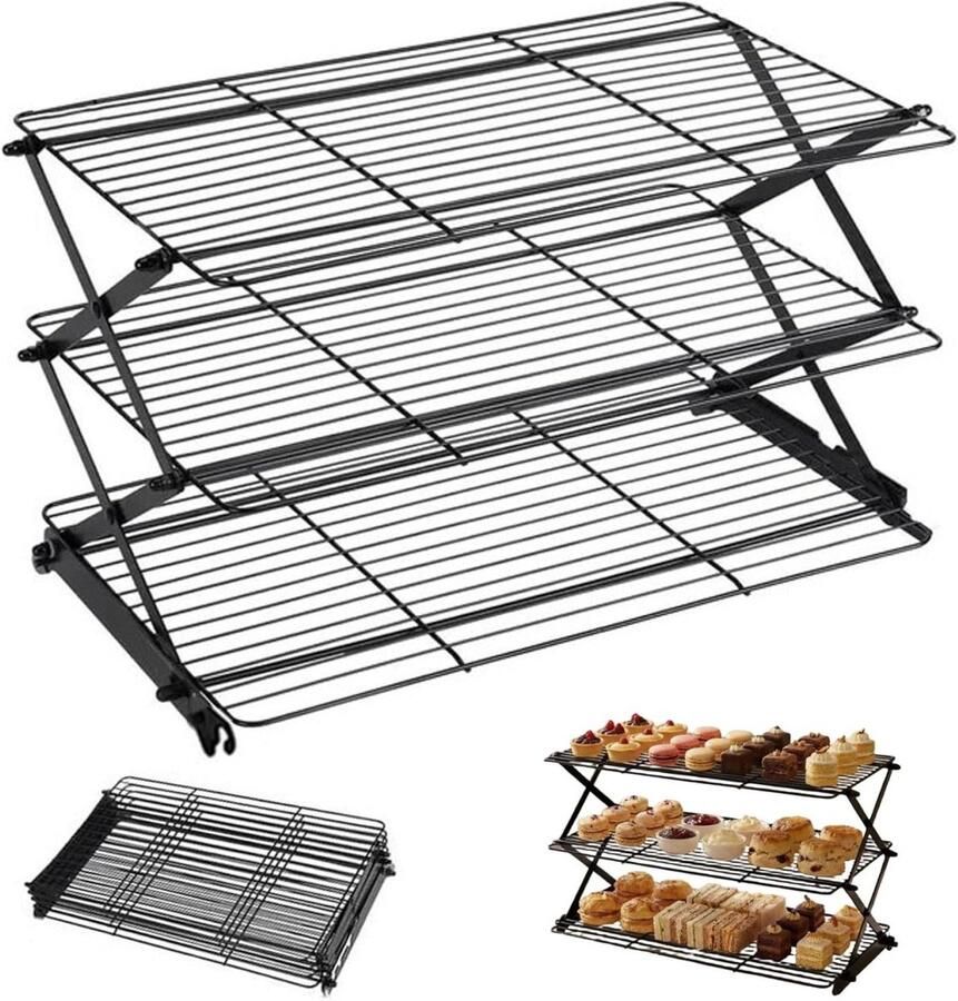 Inklapbaar koelrek Bakrek Bakken en koken Drie lagen 44 x 27 cm Zwart