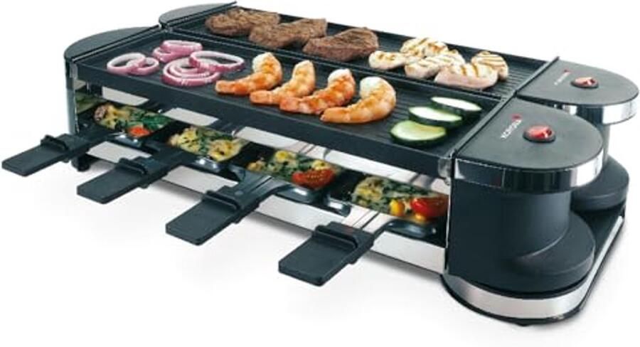 Inklapbare raclette voor 8 personen met flexibele grillplaten en 8 pannetjes