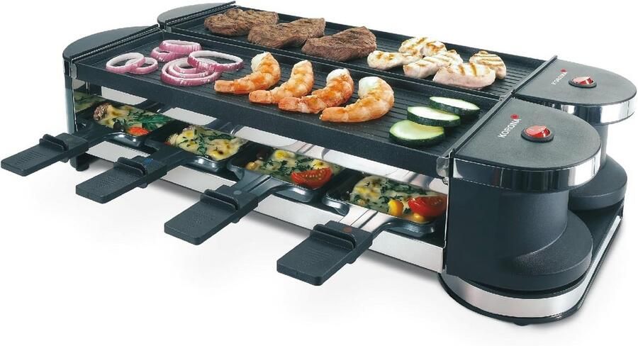 Inklapbare raclette voor 8 personen met flexibele grillplaten en 8 pannetjes