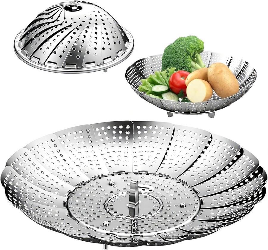 Stoommand Roestvrij Staal Inklapbare Steamer Gezond Koken Verstelbaar in Diameter 14-22 cm Zilverkleurig