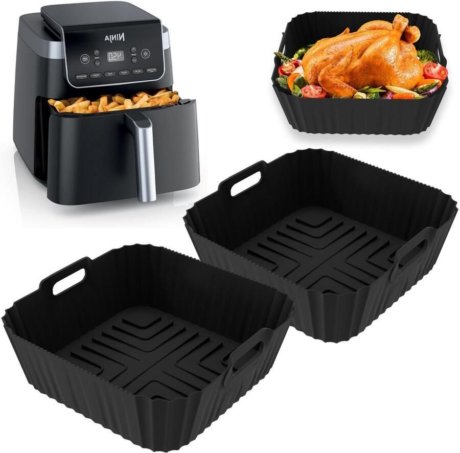 Inovra- Siliconen Bakvorm 2 Stuks Geschikt voor Airfryer 18 cm x 18 cm en 21 cm x 21 cm Hittebestendig tot 240 °C Voedselveilige Siliconen Airfryer Inzetstuk