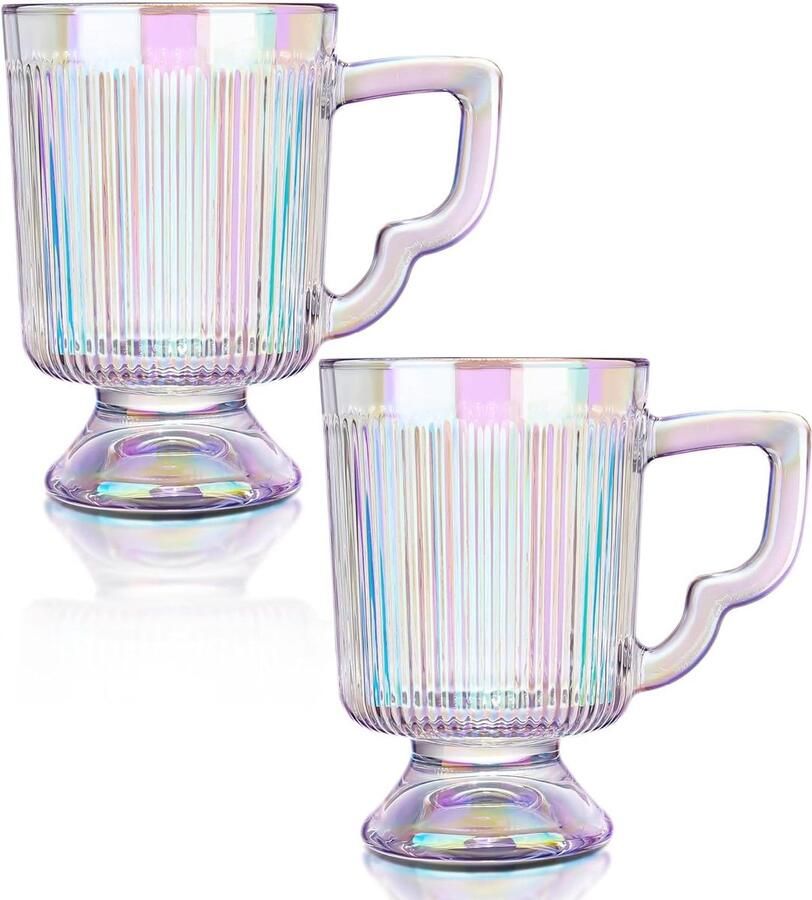 Iriserende glazen koffiemokken vintage geribbelde koffiekopjes met handvat thee latte cappuccino espresso melk kopjes regenboog drinkglazen 12 oz set van 2