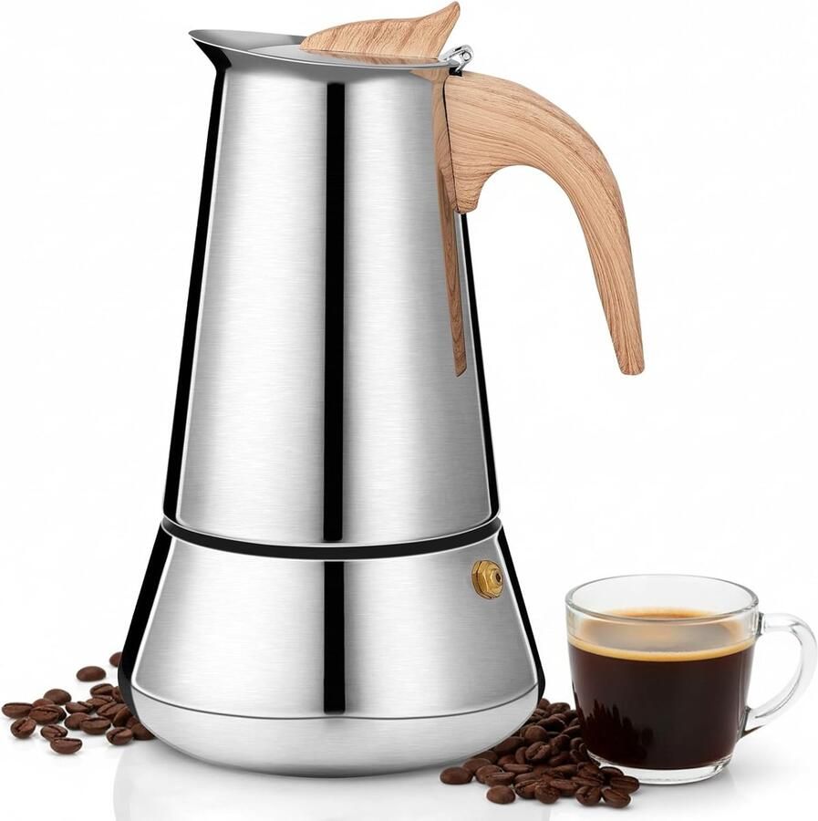 Italiaans koffiezetapparaat 6 kopjes (350 ml) moka roestvrij staal voor inductie en alle branders voor aromatische koffie thuis en onderweg