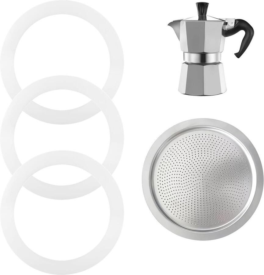 Italiaanse koffiemachine set met 3 stuks aluminium filter en siliconen afdichting voor 6 kopjes inclusief reservefilter en accessoires voor perfecte moka koffie