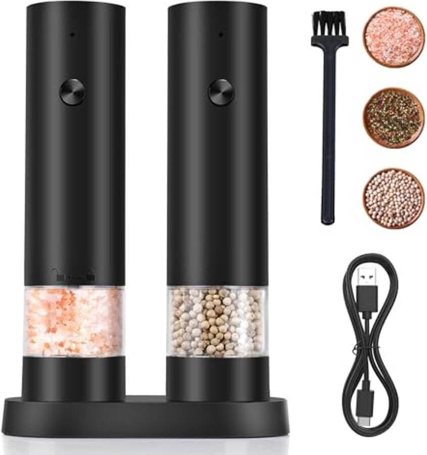 IWarmbase Elektrische zout- en pepermolen USB-oplaadbare elektrische pepermolen met opbergstandaard Kruidenmolen met instelbare maalsterkte